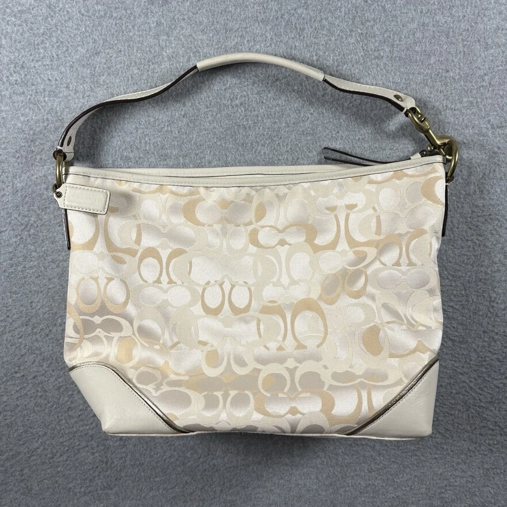 VTG Coach Optic Signature Hobo Bag Cream White Leather Canvas Shoulder Purse